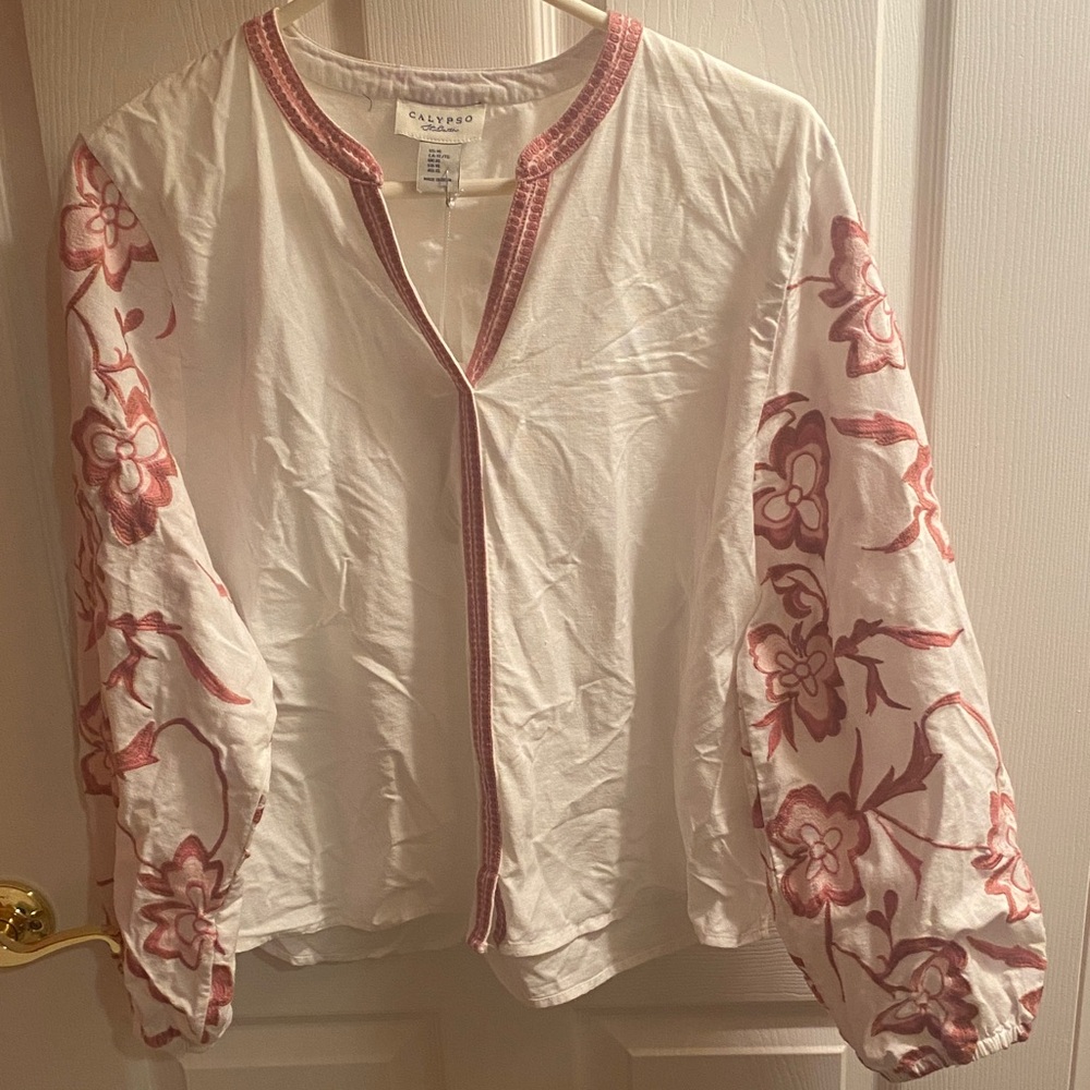 NWT XL Calypso St. Barth Cotton Button-up Gypsy Flowy Embroidery Tropical island
